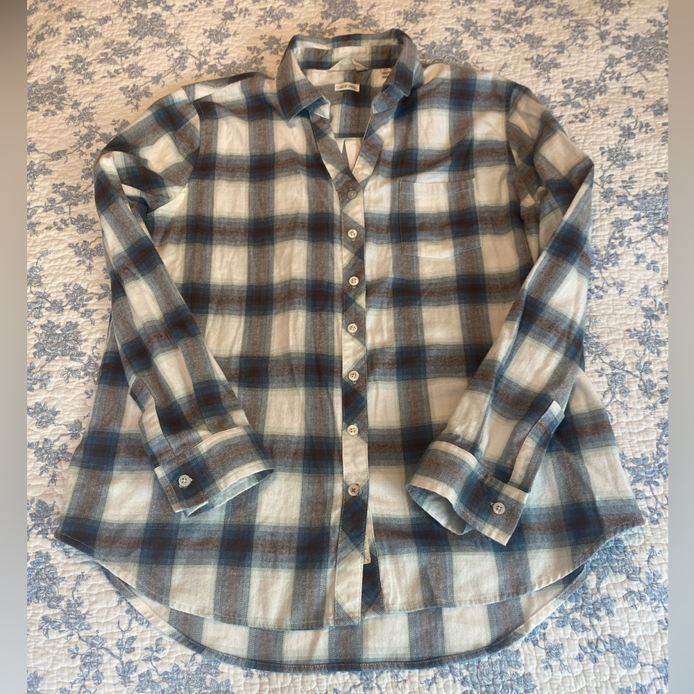 Weatherproof Vintage Costco Blue Brown Cream Plaid Flannel Shirt Size Large
